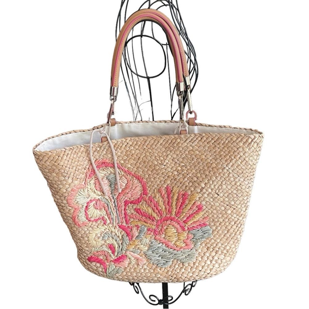 Trina Turk Barbados Straw & Leather Pink Floral Embroidered Tote